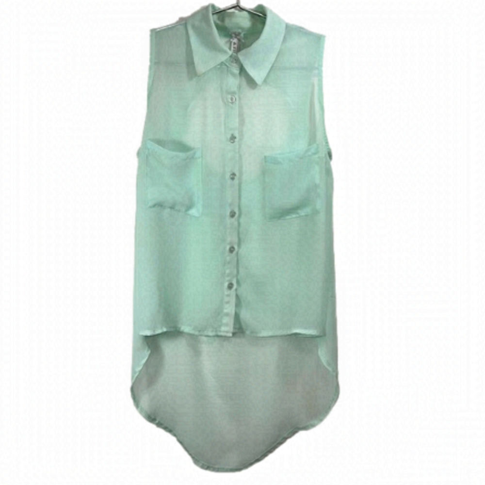 Sleeveless Hi Low Button up Blouse- Mint - S